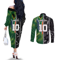 Custom Aotearoa South Africa Rugby Freedom Cup Couples Matching Off The Shoulder Long Sleeve Dress and Long Sleeve Button Shirt Maori Silver Fern Art and Sporty Flag SA LT03 - Polynesian Pride