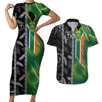 Custom Aotearoa South Africa Rugby Freedom Cup Couples Matching Short Sleeve Bodycon Dress and Hawaiian Shirt Maori Silver Fern Art and Sporty Flag SA LT03 Black - Polynesian Pride