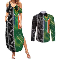 Custom Aotearoa South Africa Rugby Freedom Cup Couples Matching Summer Maxi Dress and Long Sleeve Button Shirt Maori Silver Fern Art and Sporty Flag SA LT03 Black - Polynesian Pride