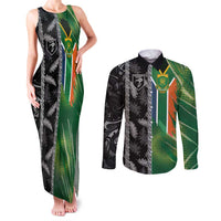Custom Aotearoa South Africa Rugby Freedom Cup Couples Matching Tank Maxi Dress and Long Sleeve Button Shirt Maori Silver Fern Art and Sporty Flag SA LT03 Black - Polynesian Pride