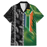Custom Aotearoa South Africa Rugby Freedom Cup Family Matching Mermaid Dress and Hawaiian Shirt Maori Silver Fern Art and Sporty Flag SA LT03 Dad's Shirt - Short Sleeve Black - Polynesian Pride
