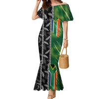 Custom Aotearoa South Africa Rugby Freedom Cup Family Matching Mermaid Dress and Hawaiian Shirt Maori Silver Fern Art and Sporty Flag SA LT03 Mom's Dress Black - Polynesian Pride