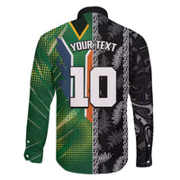 Custom Aotearoa South Africa Rugby Freedom Cup Family Matching Off The Shoulder Long Sleeve Dress and Hawaiian Shirt Maori Silver Fern Art and Sporty Flag SA LT03 - Polynesian Pride