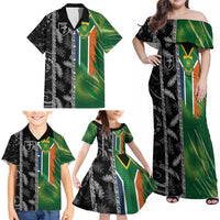 Custom Aotearoa South Africa Rugby Freedom Cup Family Matching Off Shoulder Maxi Dress and Hawaiian Shirt Maori Silver Fern Art and Sporty Flag SA - Polynesian Pride