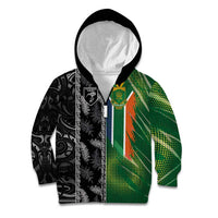 Custom Aotearoa South Africa Rugby Freedom Cup Kid Hoodie Maori Silver Fern Art and Sporty Flag SA LT03 Zip Hoodie Black - Polynesian Pride