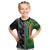 Custom Aotearoa South Africa Rugby Freedom Cup Kid T Shirt Maori Silver Fern Art and Sporty Flag SA LT03 Black - Polynesian Pride