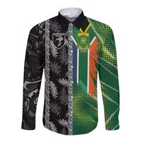 Custom Aotearoa South Africa Rugby Freedom Cup Long Sleeve Button Shirt Maori Silver Fern Art and Sporty Flag SA LT03 Unisex Black - Polynesian Pride