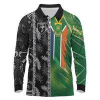 Custom Aotearoa South Africa Rugby Freedom Cup Long Sleeve Polo Shirt Maori Silver Fern Art and Sporty Flag SA LT03 Black - Polynesian Pride