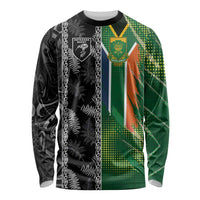 Custom Aotearoa South Africa Rugby Freedom Cup Long Sleeve Shirt Maori Silver Fern Art and Sporty Flag SA LT03 Unisex Black - Polynesian Pride