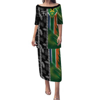 Custom Aotearoa South Africa Rugby Freedom Cup Puletasi Maori Silver Fern Art and Sporty Flag SA LT03 Long Dress Black - Polynesian Pride
