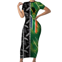 Custom Aotearoa South Africa Rugby Freedom Cup Short Sleeve Bodycon Dress Maori Silver Fern Art and Sporty Flag SA LT03 Long Dress Black - Polynesian Pride