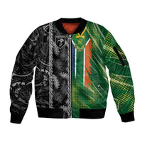 Custom Aotearoa South Africa Rugby Freedom Cup Sleeve Zip Bomber Jacket Maori Silver Fern Art and Sporty Flag SA LT03 Unisex Black - Polynesian Pride