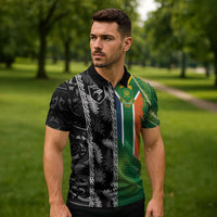Custom Aotearoa South Africa Rugby Freedom Cup Zipper Polo Shirt Maori Silver Fern Art and Sporty Flag SA LT03 - Polynesian Pride