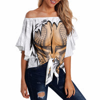 Hawaiian Kakau Off Shoulder Wrap Waist Top Aquaman Tattoo Reveal Effect