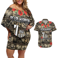 Pearl Harbor Remembrance Day Personalized Couples Matching Off Shoulder Short Dress and Hawaiian Shirt Memories of December 7 with Red Poppy Lei LT03 Beige - Polynesian Pride