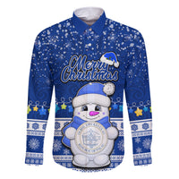 Personalised Palau Christmas Family Matching Short Sleeve Bodycon Dress and Hawaiian Shirt Snowman Hugs Palau Coat of Arms Maori Pattern Blue Style LT03 Dad's Shirt - Long Sleeve Blue - Polynesian Pride