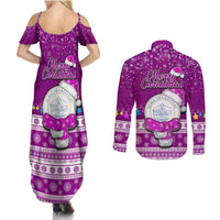 Palau Christmas Couples Matching Summer Maxi Dress and Long Sleeve Button Shirt Snowman Hugs Palau Coat of Arms Maori Pattern Pink Style LT03 - Polynesian Pride