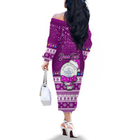 Personalised Palau Christmas Family Matching Off Shoulder Long Sleeve Dress and Hawaiian Shirt Snowman Hugs Palau Coat of Arms Maori Pattern Pink Style LT03 - Polynesian Pride