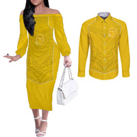 Custom Niue Rugby Couples Matching Off The Shoulder Long Sleeve Dress and Long Sleeve Button Shirt Hiapo Tribal Motifs Sporty Style - Polynesian Pride