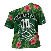 Custom Hawaii Volleyball Cross Shoulder Shirt Kakau Abstract and Tropical Plants Green Color - Polynesian Pride