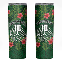 Custom Hawaii Volleyball Skinny Tumbler Kakau Abstract and Tropical Plants Green Color - Polynesian Pride