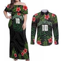 Custom Hawaii Volleyball Couples Matching Off Shoulder Maxi Dress and Long Sleeve Button Shirt Kakau Abstract and Tropical Plants Black Color - Polynesian Pride