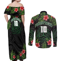 Custom Hawaii Volleyball Couples Matching Off Shoulder Maxi Dress and Long Sleeve Button Shirt Kakau Abstract and Tropical Plants Black Color - Polynesian Pride