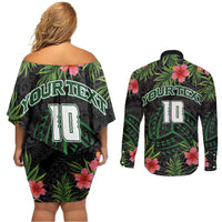 Custom Hawaii Volleyball Couples Matching Off Shoulder Short Dress and Long Sleeve Button Shirt Kakau Abstract and Tropical Plants Black Color - Polynesian Pride