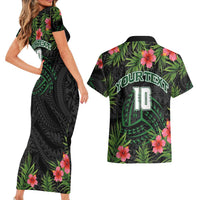 Custom Hawaii Volleyball Couples Matching Short Sleeve Bodycon Dress and Hawaiian Shirt Kakau Abstract and Tropical Plants Black Color - Polynesian Pride