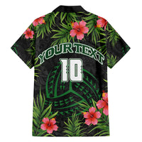 Custom Hawaii Volleyball Family Matching Off The Shoulder Long Sleeve Dress and Hawaiian Shirt Kakau Abstract and Tropical Plants Black Color - Polynesian Pride