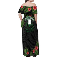 Custom Hawaii Volleyball Family Matching Off Shoulder Maxi Dress and Hawaiian Shirt Kakau Abstract and Tropical Plants Black Color - Polynesian Pride