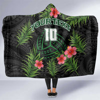 Custom Hawaii Volleyball Hooded Blanket Kakau Abstract and Tropical Plants Black Color - Polynesian Pride