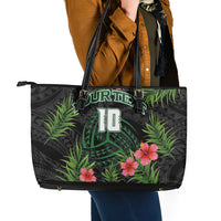 Custom Hawaii Volleyball Leather Tote Bag Kakau Abstract and Tropical Plants Black Color - Polynesian Pride
