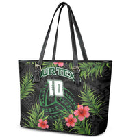 Custom Hawaii Volleyball Leather Tote Bag Kakau Abstract and Tropical Plants Black Color - Polynesian Pride