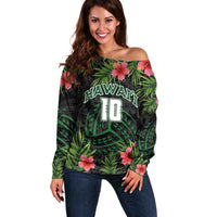 Custom Hawaii Volleyball Off Shoulder Sweater Kakau Abstract and Tropical Plants Black Color - Polynesian Pride