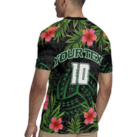Custom Hawaii Volleyball Rugby Jersey Kakau Abstract and Tropical Plants Black Color - Polynesian Pride