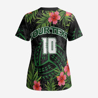Custom Hawaii Volleyball Scrub Top Kakau Abstract and Tropical Plants Black Color - Polynesian Pride