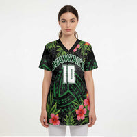 Custom Hawaii Volleyball Scrub Top Kakau Abstract and Tropical Plants Black Color - Polynesian Pride