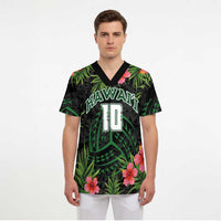 Custom Hawaii Volleyball Scrub Top Kakau Abstract and Tropical Plants Black Color - Polynesian Pride