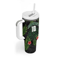 Custom Hawaii Volleyball Tumbler With Handle Kakau Abstract and Tropical Plants Black Color - Polynesian Pride