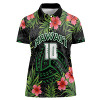 Custom Hawaii Volleyball Women Polo Shirt Kakau Abstract and Tropical Plants Black Color - Polynesian Pride