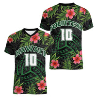 Custom Hawaii Volleyball Women V-Neck T-Shirt Kakau Abstract and Tropical Plants Black Color - Polynesian Pride