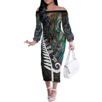 New Zealand Off The Shoulder Long Sleeve Dress Aotearoa Symbols With Silver Fern LT03 Women Black - Polynesian Pride
