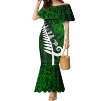 Personalized New Zealand Family Matching Mermaid Dress and Hawaiian Shirt Silver Fern and Maori Symbols Papua Shell Green Style LT03 Mom's Dress Green - Polynesian Pride