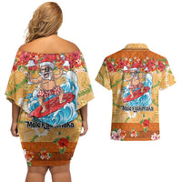 Hawaii Mele Kalikimaka Couples Matching Off Shoulder Short Dress and Hawaiian Shirt Funny Santa Claus Surfing on Tropical Plants LT03 - Polynesian Pride