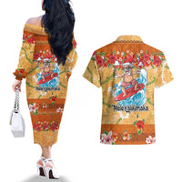 Hawaii Mele Kalikimaka Couples Matching Off The Shoulder Long Sleeve Dress and Hawaiian Shirt Funny Santa Claus Surfing on Tropical Plants LT03 - Polynesian Pride