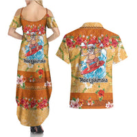 Hawaii Mele Kalikimaka Couples Matching Summer Maxi Dress and Hawaiian Shirt Funny Santa Claus Surfing on Tropical Plants LT03 - Polynesian Pride