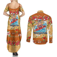 Hawaii Mele Kalikimaka Couples Matching Summer Maxi Dress and Long Sleeve Button Shirt Funny Santa Claus Surfing on Tropical Plants - Polynesian Pride