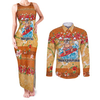Hawaii Mele Kalikimaka Couples Matching Tank Maxi Dress and Long Sleeve Button Shirt Funny Santa Claus Surfing on Tropical Plants LT03 Multicolor - Polynesian Pride