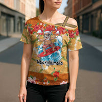Hawaii Mele Kalikimaka Cross Shoulder Shirt Funny Santa Claus Surfing on Tropical Plants - Polynesian Pride
